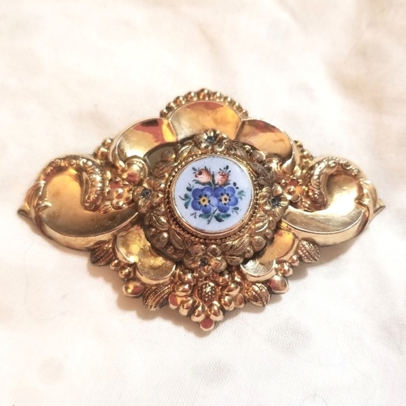 Antique Jewelry - Antique Victorian Repousse Enamel Brooch